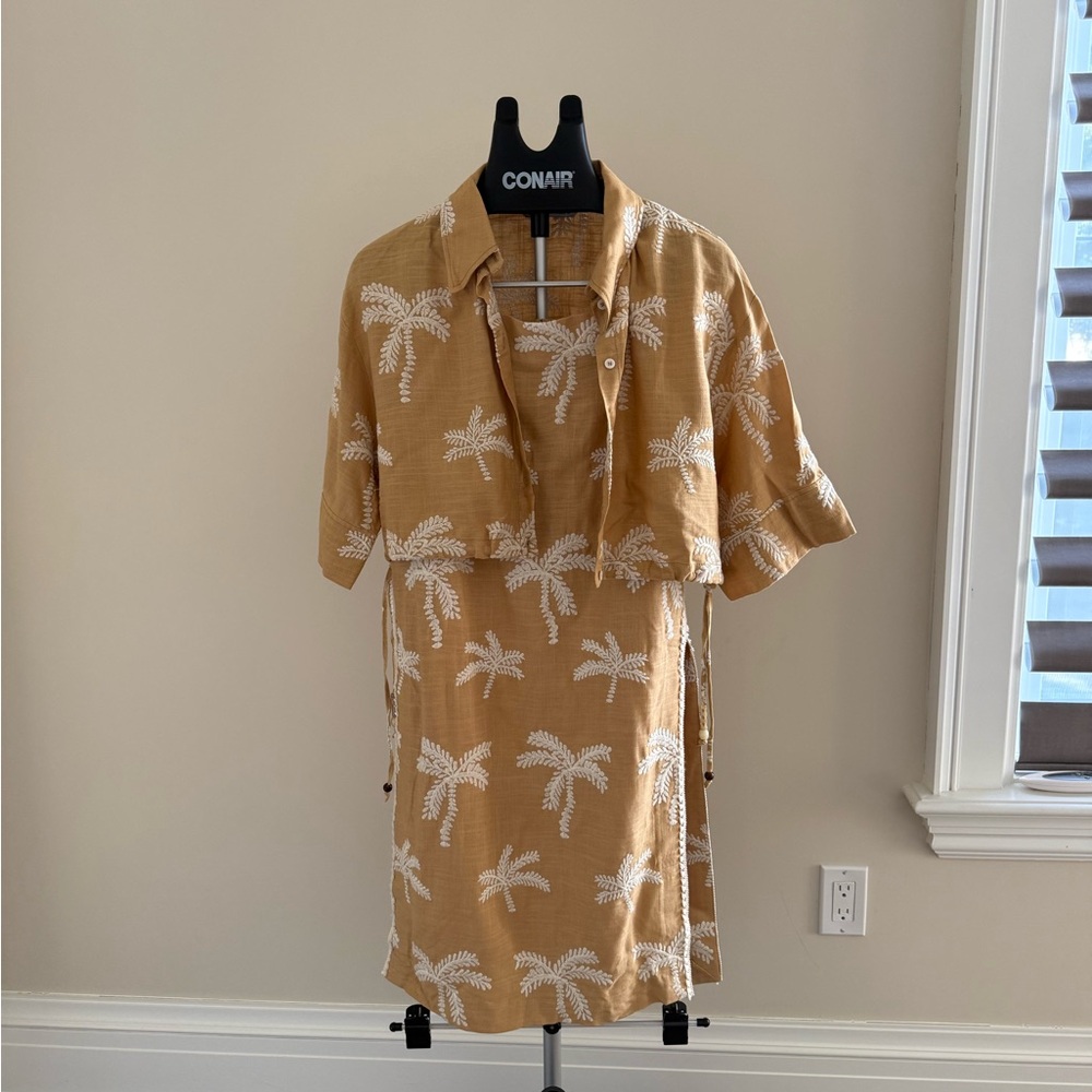 Zara New Tan Palm-Print LINEN shirt/skirt set